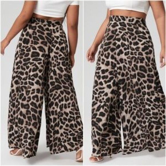 NEW PLUS Tan leopard print wide leg palazzo pants - Picture 3 of 5